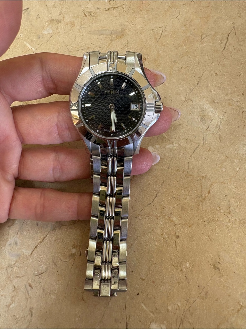 Fendi Silver Stainless Steel Watch with Black Textured Dial